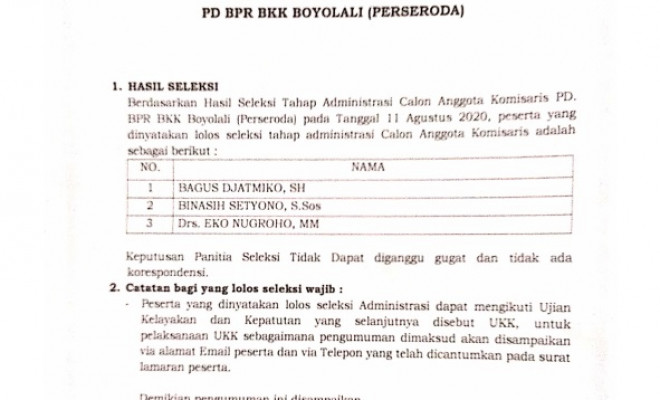 HASIL SELEKSI ADMINSTRASI  CALON ANGGOTA KOMISARIS PT. BPR BKK BOYOLALI  ( PERSERODA ) KABUPATEN BOYOLALI